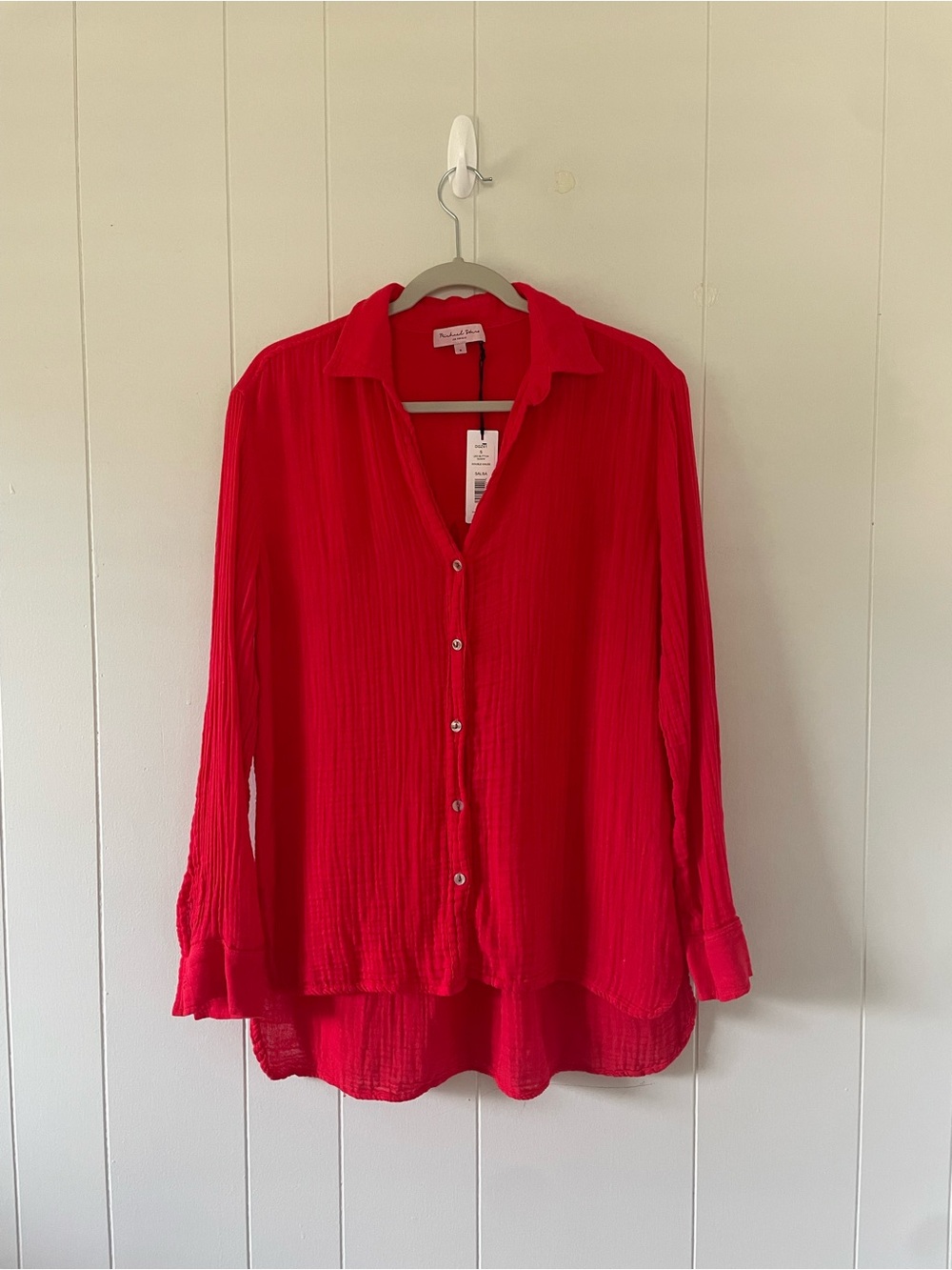 Michael Stars Red Button Front Gauze Long Sleeve Collared Shirt Size S